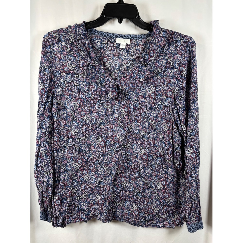 J. Jill Womens Paisley Floral Ruffle V-Neck Rayon Blouse Blue Burgundy Size M
